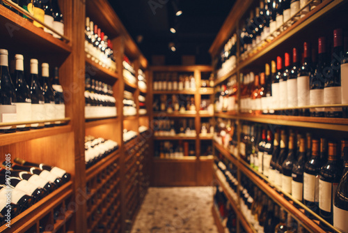 Cuadro en lienzo Wide-angle interior shot of big cellar in wine shop with wooden shelves for alcohol drinks
