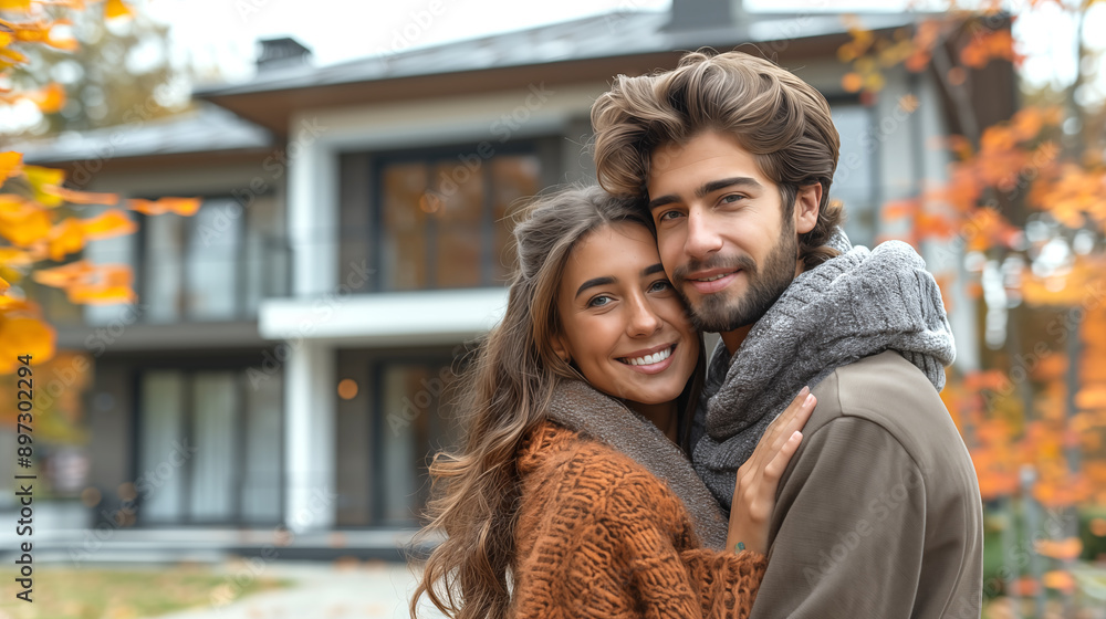 Beautiful young couple hugging in front of new house on autumn day Beautiful young couple hugging in front of new house on autumn day