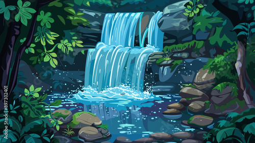 Waterfall flowing from a cliff into a river vector cartoon illustration anime background