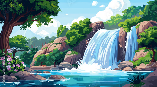 Waterfall flowing from a cliff into a river vector cartoon illustration anime background
