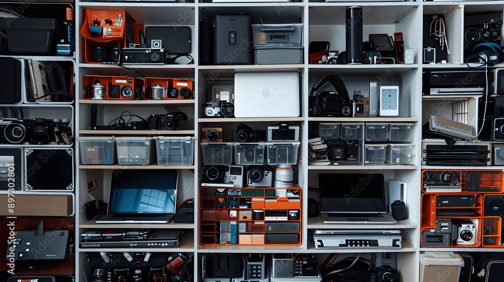 Obraz premium Immaculately neat storage shelf with stacked laptops and labeled bins