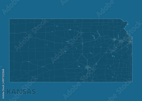 Kansas, United States artistic blueprint map poster
