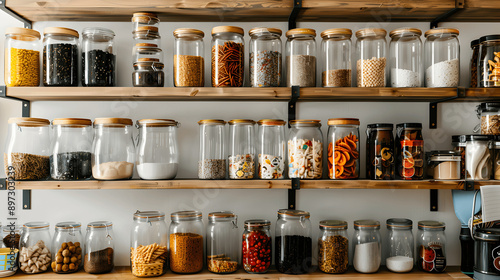 Wallpaper Mural Pantry shelves with labeled jars and color-coordinated containers Torontodigital.ca