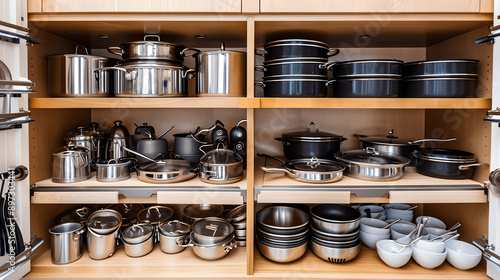Kitchen cabinet with stacked pots and labeled utensil bins