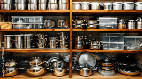 Kitchen cabinet with stacked pots and labeled utensil bins © Matthias