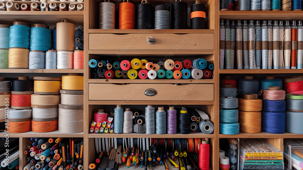 Fototapeta premium Tidy craft area with organized supplies and color-coded thread spools