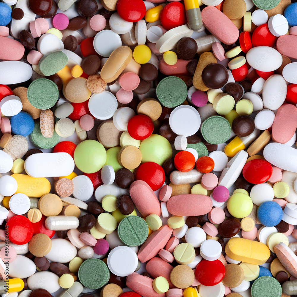 Seamless background from colored pills, tablets and capsules Seamless background from colored pills, tablets and capsules