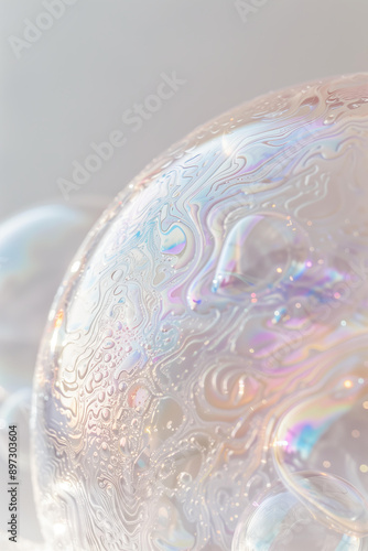 iridescent soap bubble, delicate and transparent with intricate details reflecting light in soft pastel hues, set against a white background