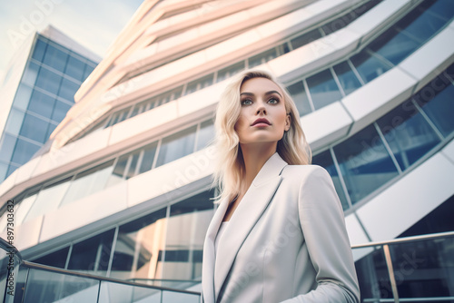 Low angle view of beautiful businesswoman in city street