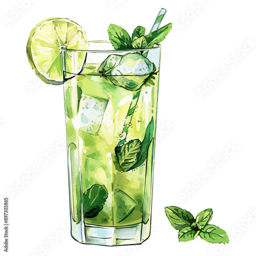 Watercolor vector of a Mojito, isolated on a white background, Mojito vector