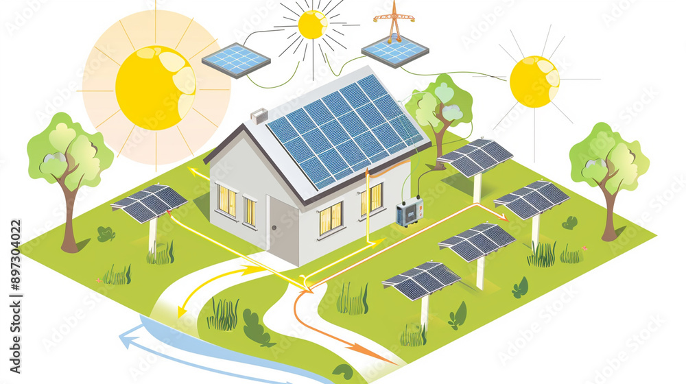 An illustration of a solar energy system featuring solar panels on a building, integrating renewable energy technology into the environment. This image highlights sustainable energy solutions. An illustration of a solar energy system featuring solar panels on a building, integrating renewable energy technology into the environment. This image highlights sustainable energy solutions.