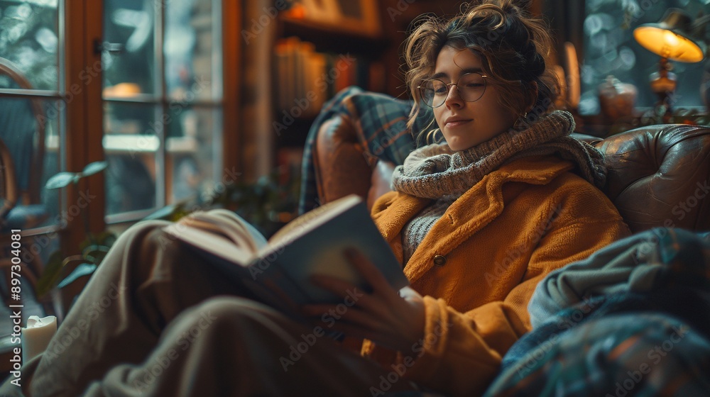 Obraz premium Girl reading book while relaxing at home.