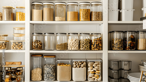 Well-organized pantry shelves with labeled jars and storage boxes © Matthias