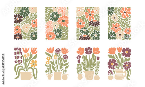 BloomBlocks, a set of abstract botanical wall art posters. Modern floral aesthetic vector illustrations in natural earthy colors.