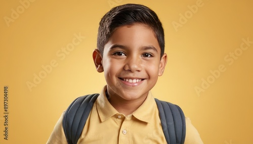 A happy hispanic or latino schoolboy with a book and backpack, dressed in a sweater, smiles warmly against a yellow background, embodying the positive spirit of school and learning.