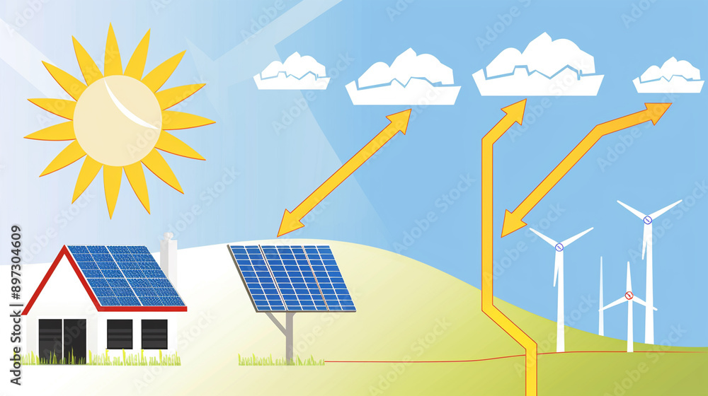 An illustration of a solar energy system featuring solar panels on a building, integrating renewable energy technology into the environment. This image highlights sustainable energy solutions. An illustration of a solar energy system featuring solar panels on a building, integrating renewable energy technology into the environment. This image highlights sustainable energy solutions.