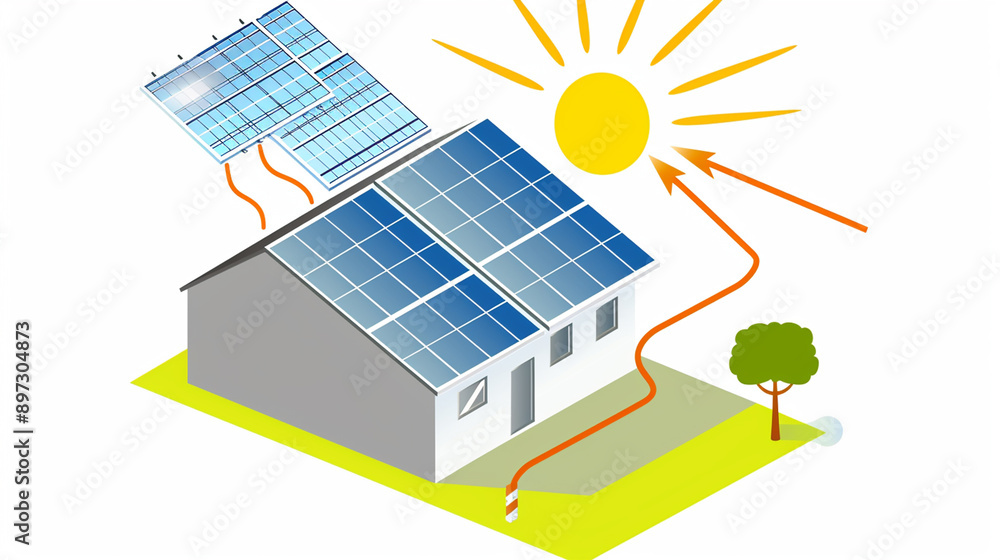 An illustration of a solar energy system featuring solar panels on a building, integrating renewable energy technology into the environment. This image highlights sustainable energy solutions. An illustration of a solar energy system featuring solar panels on a building, integrating renewable energy technology into the environment. This image highlights sustainable energy solutions.