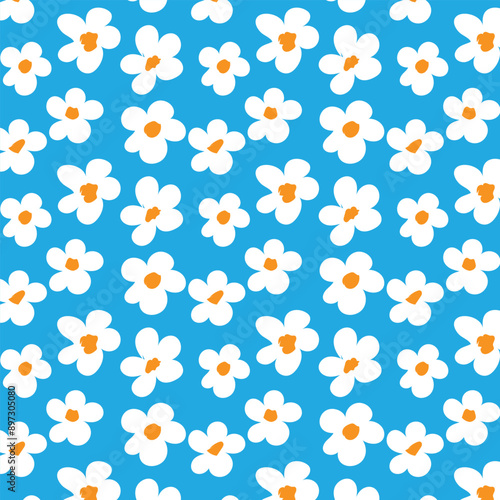 White flowers seamless pattern on blue background. Cute seamless pattern.