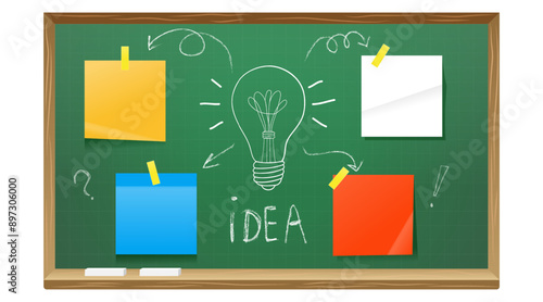 Idea concept. School board with stickers. Place for notes. Light bulb drawn in chalk. Vector graphics.