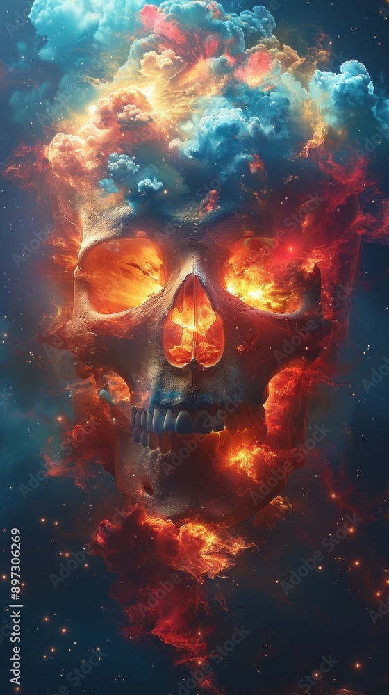 Skull set alight within vibrant cosmic clouds Skull set alight within vibrant cosmic clouds