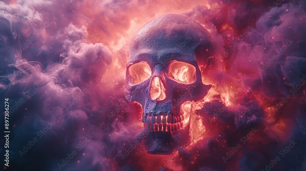 Burning skull encased in dense, vibrant, colorful clouds. Burning skull encased in dense, vibrant, colorful clouds.