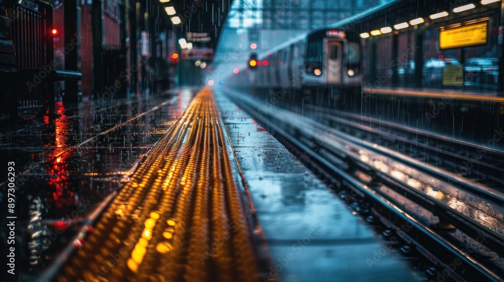 Rainy Day at Train Station Platform with Reflections and Modern Train in Background Rainy Day at Train Station Platform with Reflections and Modern Train in Background