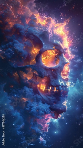 Skull emerges amidst fiery clouds and stars