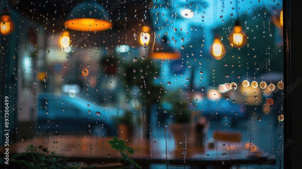 Cozy Cafe Window with Raindrops and Warm Lights on a Rainy Evening, Creating a Relaxing and Serene Atmosphere Cozy Cafe Window with Raindrops and Warm Lights on a Rainy Evening, Creating a Relaxing and Serene Atmosphere