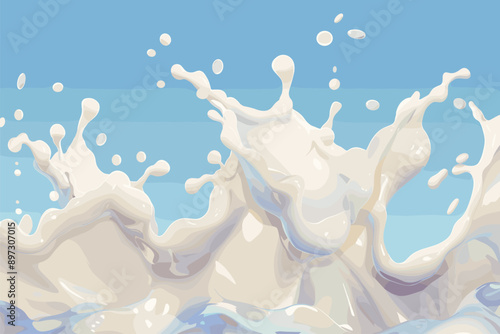Realistic milk splashes of various shape, Milk splash on blue background, Realistic milk splashes with drops and splatters, Milk splash vector illustration