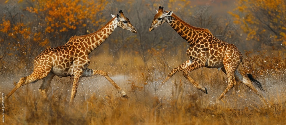 Obraz premium Two Giraffes Running Through Golden Grass