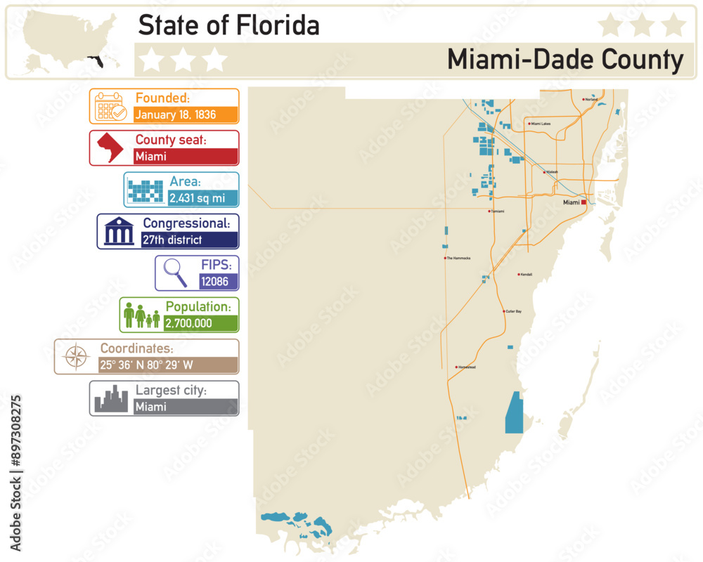 Fototapeta Detailed infographic and map of Miami-Dade County in Florida USA.