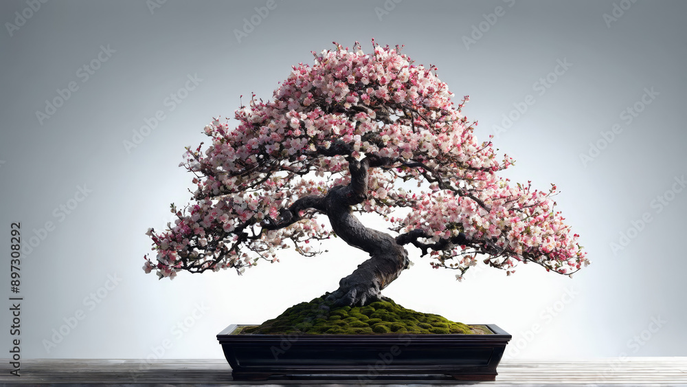 Fototapeta premium Charming crabapple bonsai adorned with dainty white blossoms clean minimalist backdrop dreamy atmosphere Abstract background