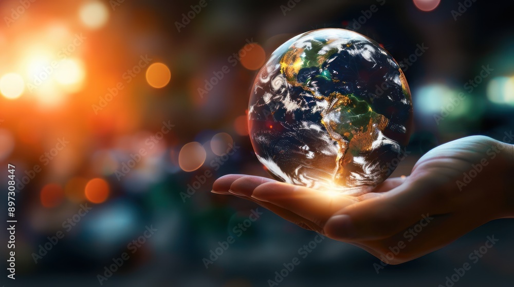Fototapeta premium Hand holding glowing glass Earth against blurred dark background showcasing sustainable energy and global care, glass globe, Earth planet