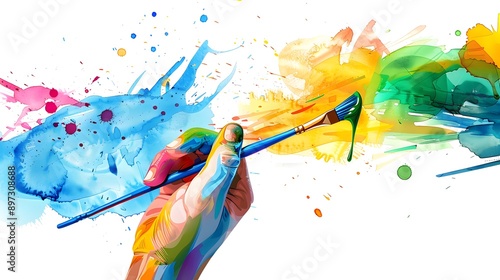 Hand Holding a Paintbrush: A hand holding a paintbrush dipped in colorful paint, ready to create art. 