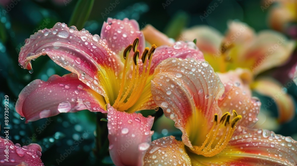 Vibrant Rain-Soaked Flower Close-Up with Dew Drops on Petals in a Lush Garden Setting Vibrant Rain-Soaked Flower Close-Up with Dew Drops on Petals in a Lush Garden Setting