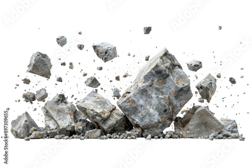 A large, gray stone wall explodes outward, sending shards and pieces flying through the air