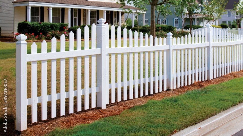 A white picket fence with rounded top rails runs along the edge of a lush green lawn. The fence is in front of a typical suburban home with a manicured lawn