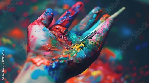 Hand Holding a Paintbrush: A hand holding a paintbrush dipped in colorful paint, ready to create art. 