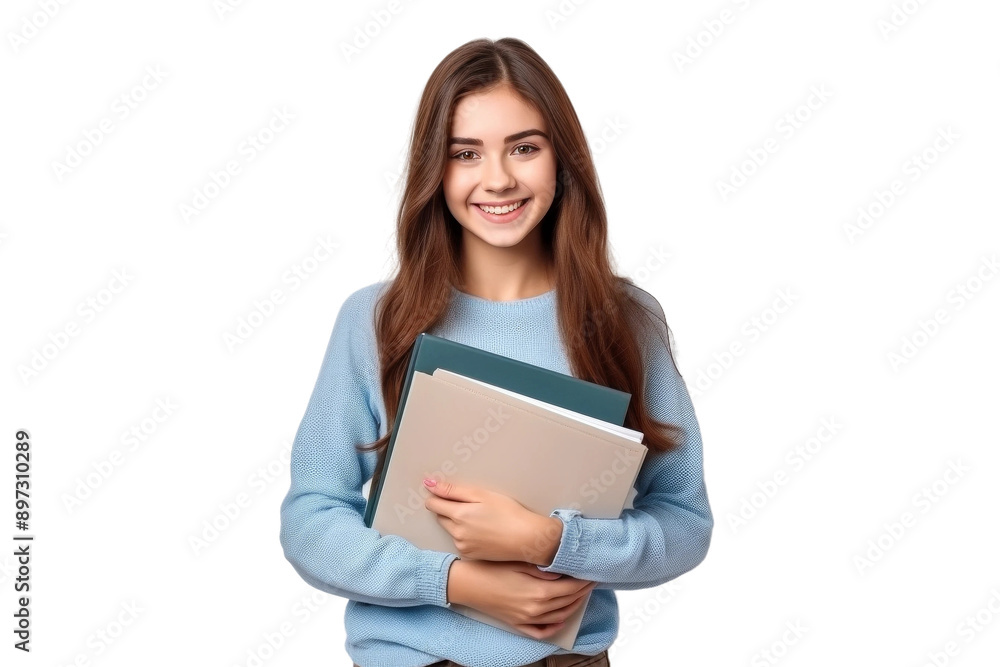 A young woman with long brown hair smiles brightly as she holds a stack of textbooks against a white backdrop A young woman with long brown hair smiles brightly as she holds a stack of textbooks against a white backdrop