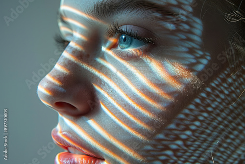 A surreal depiction of a face with one half in shadow, the other half illuminated with a grid pattern, against a light gray backdrop,