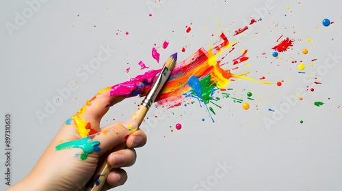 Hand Holding a Paintbrush: A hand holding a paintbrush dipped in colorful paint, ready to create art. 