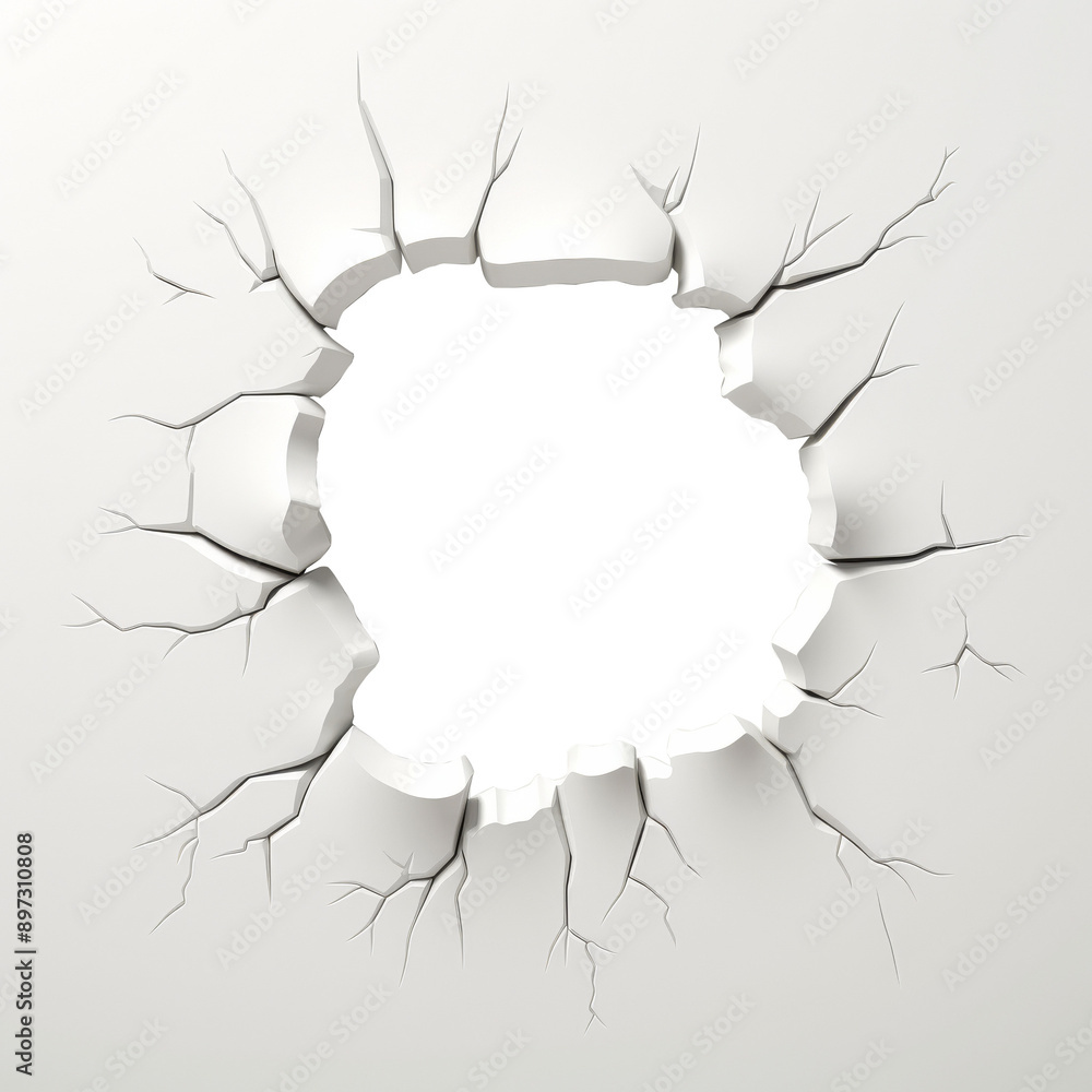 A white wall, cracked and broken, with a large circular hole revealing the white void beyond A white wall, cracked and broken, with a large circular hole revealing the white void beyond