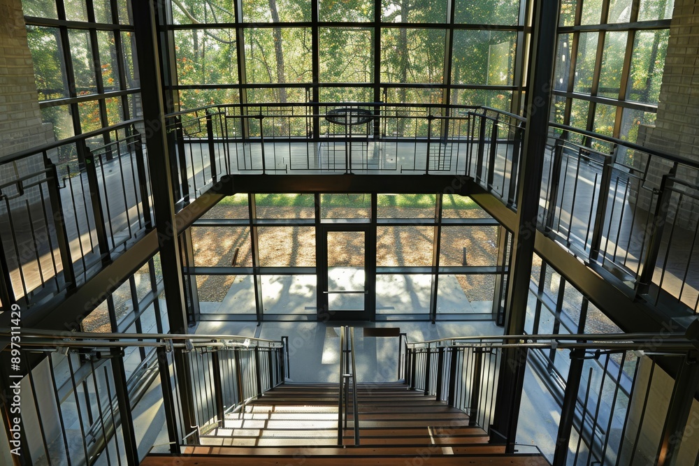 The interior of a modern building with a view of the garden and the stairs The interior of a modern building with a view of the garden and the stairs