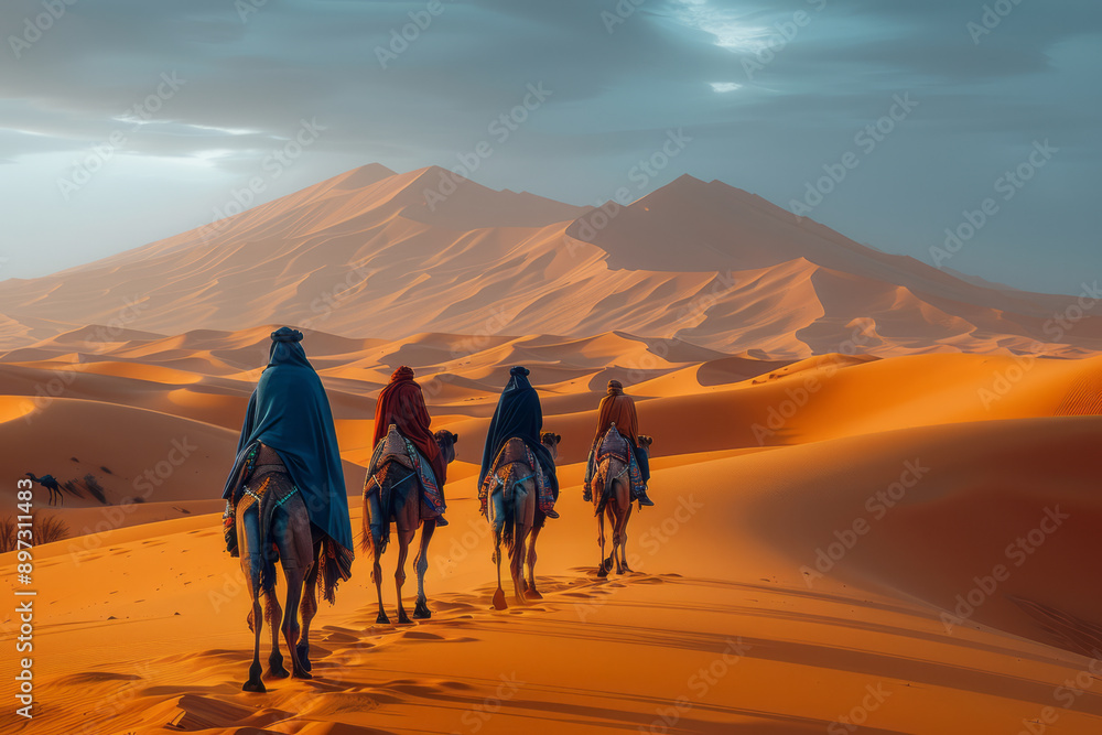 Fototapeta premium Clean and simple image of desert wanderers with camels in a vast, minimalist setting