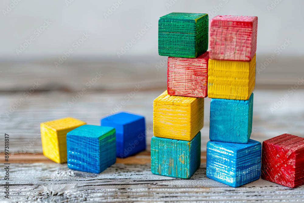 Creative thinking concept with colorful wooden blocks on a light background, child development and logic puzzle Creative thinking concept with colorful wooden blocks on a light background, child development and logic puzzle