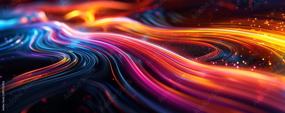 Colorful abstract flowing neon lights composition, futuristic digital art. Vibrant glowing streaks and light trails concept Colorful abstract flowing neon lights composition, futuristic digital art. Vibrant glowing streaks and light trails concept