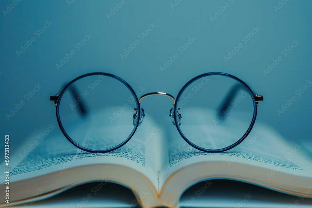 Round eyeglasses are resting on an open book, the lenses reflecting the blue background. Generative AI Round eyeglasses are resting on an open book, the lenses reflecting the blue background. Generative AI