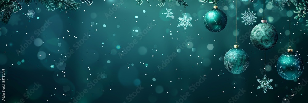 A vector background with hanging teal Christmas balls and snowflakes on a dark blue and green colored banner A vector background with hanging teal Christmas balls and snowflakes on a dark blue and green colored banner