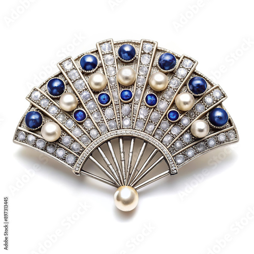 Art Deco brooch depicting a fan, adorned with pearls and blue stones