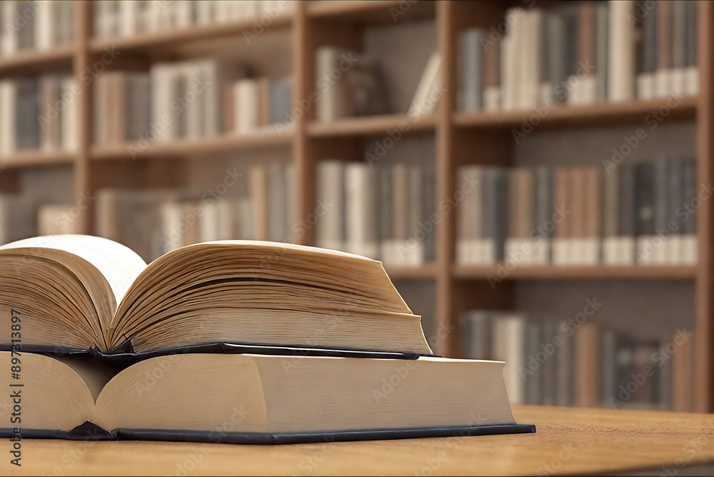 Book opened on a table at a library Book opened on a table at a library